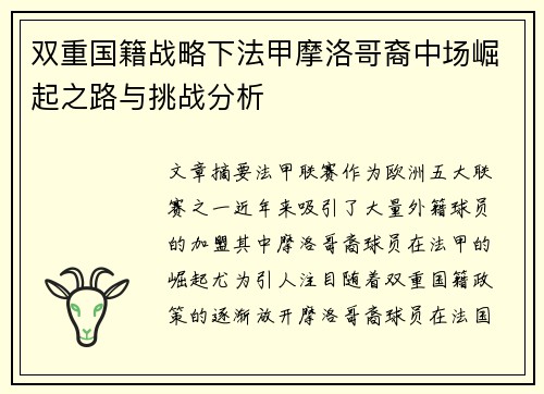 双重国籍战略下法甲摩洛哥裔中场崛起之路与挑战分析