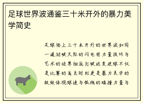 足球世界波通鉴三十米开外的暴力美学简史