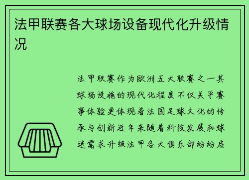 法甲联赛各大球场设备现代化升级情况