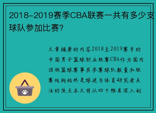 2018-2019赛季CBA联赛一共有多少支球队参加比赛？